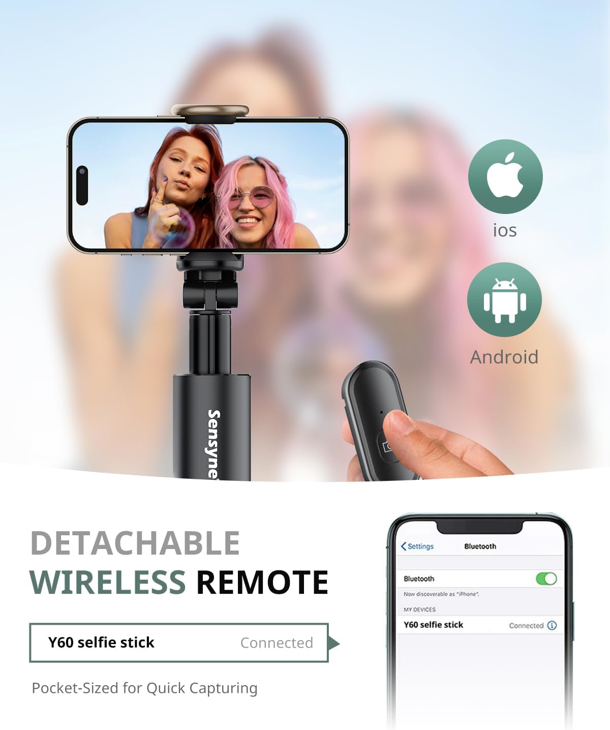 Sensyne 60" Phone Tripod - Selfie Stick, Lightweight All in One Phone Tripod Integrated with Wireless Remote Compatible with All Cell Phones for Selfie/Video Recording/Photo/Live Stream/Vlog（Black）