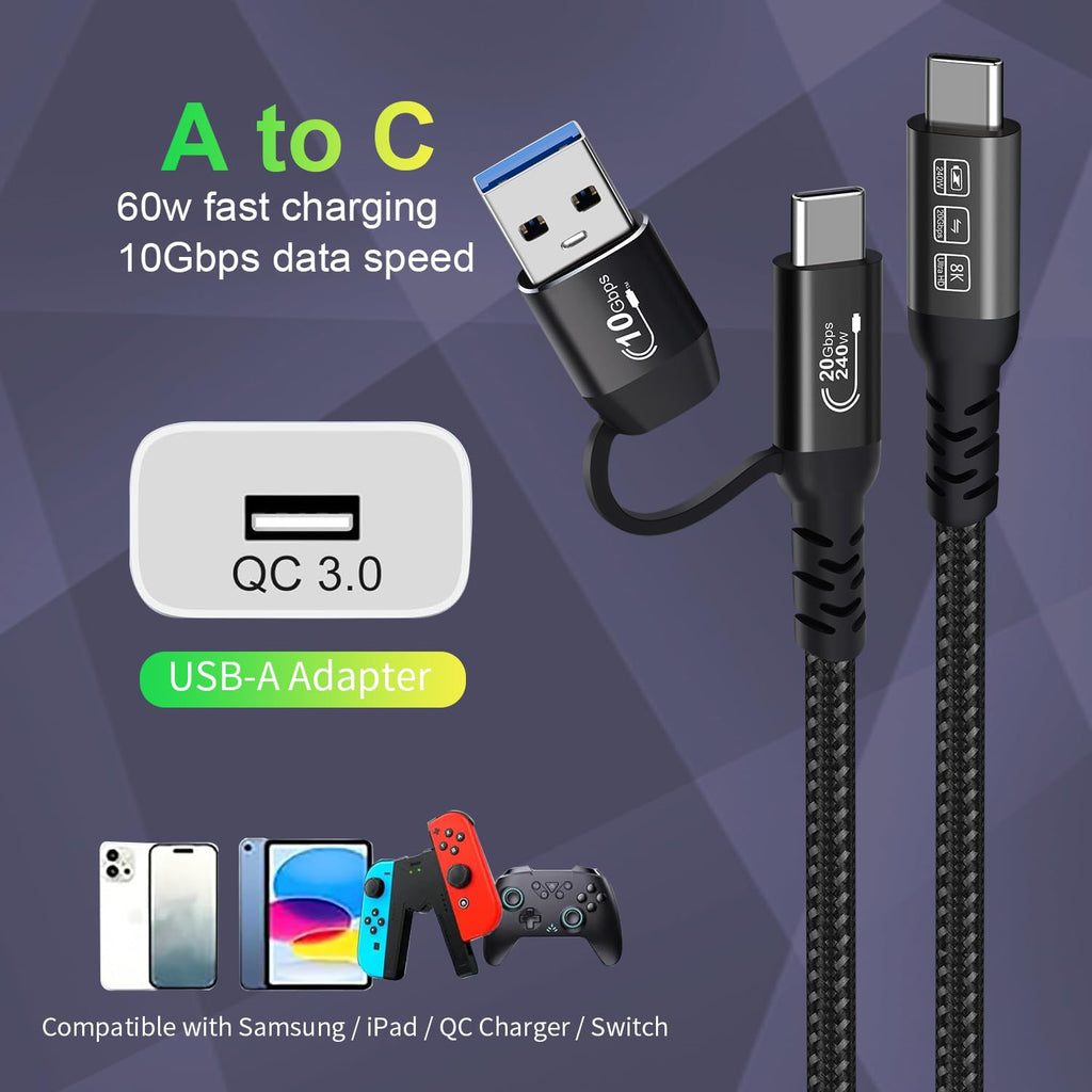 CABLEDECONN USB2.0 A to USB C 3.2 Type C 20Gbps Male to Male Detachable 0.5m 1.6ft Cable Data Extension 10Gbps 240W Fast Charge 8K Ultra HD Video Data Connection Power Line