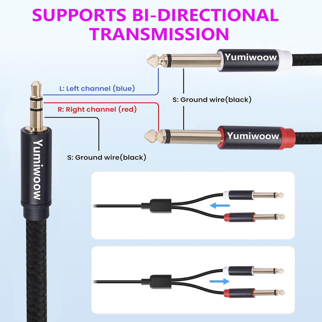 3.5mm to Dual 1/4 Adapter 1/8 to 6.35mm TS Mono Audio Cable Stereo Breakout Cord Y Splitter Compatible with iPhone, iPod, Computer Sound Card, Headphone, Speaker, Home Stereo System (6.6FT/Pack)