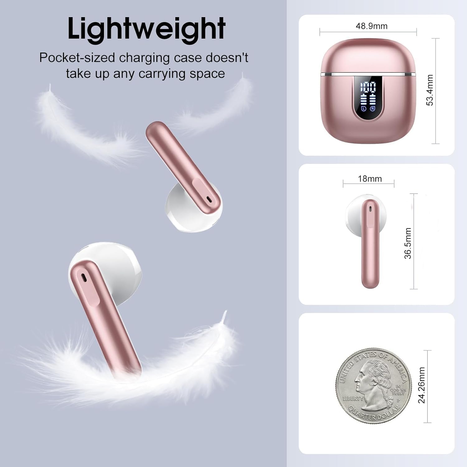 Wireless Earbuds, Bluetooth 5.4 Headphones with 3D Bass Stereo, 40H Ultralight in-Ear Buds, Bluetooth Earbuds with 4 ENC Noise Cancelling Mic, USB-C, IP7 Waterproof Earphones for Android iOS, Rose