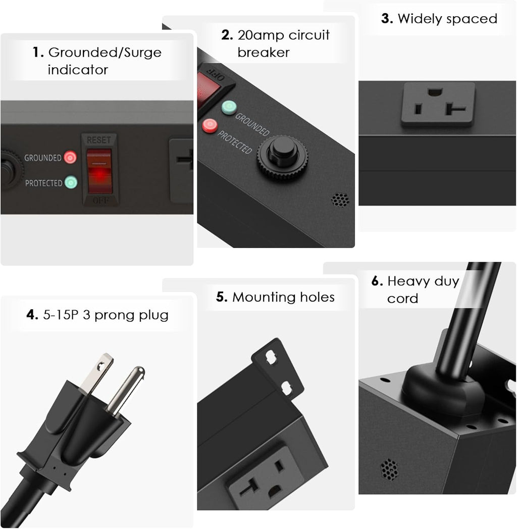 JUNNUJ Long Metal 16 Outlet Power Strip, Heavy Duty Power Strips Surge Protection 4800J with Circuit Breaker, 20a Wide Spaced Socket Wall Mount 5-15P Adapter High Amp 6-20R T-Slot 10FT Extension Cord