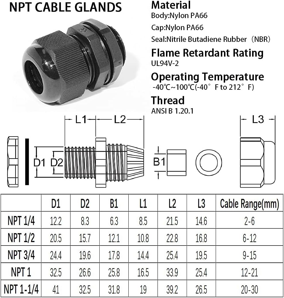 PENGLIN Cable Glands 1-1/4" NPT Nylon Cable Connector, Strain Relief Cord Connector, IP68 Waterproof Adjustable Locknut(1-1/4 Inch (12-Pack))