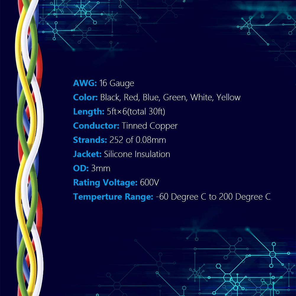 Fermerry 16 AWG Stranded Wire Spool 5ft Each 6 Colors Flexible 16 Gauge Silicone Hook up Wire Kit Electrical Tinned Copper Wire