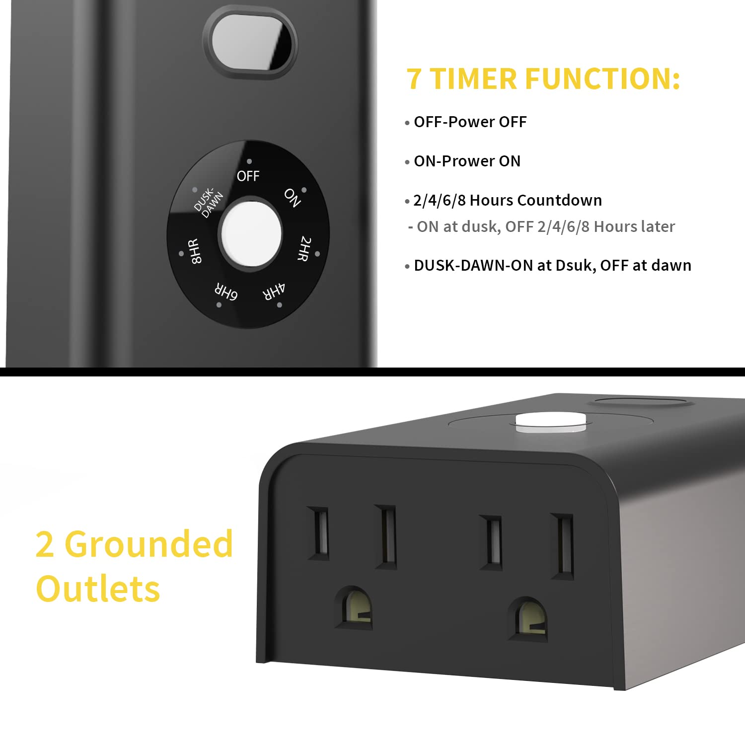 Minoston Outdoor Timer Outlet Waterproof 2 Pack, Dusk to Dawn Photocell Light Sensor Socket, 2/4/6/8 Hours Cutdown Timer, 2 Grounded Outlets for Christmas and Hallowen Deceration, Black(MP40T)