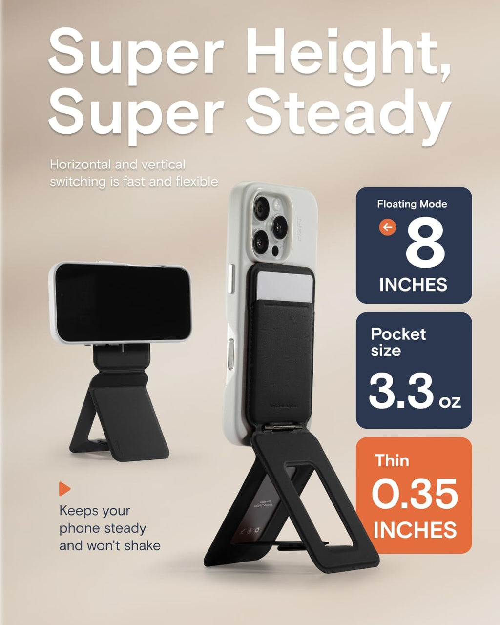 MOFT Phone Tripod Wallet for iPhone, Mulit-Angles, Lightweight & Portable Phone Stand, MOVAS Vegan Leather Magnetic Wallet, Strong Magnets, NFC Card Holder,Travel Essential, Jet Black (With Card Slot)