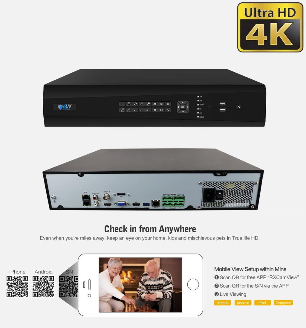 GW Security 64 Channel UltraHD 12MP 6K @ 30FPS Realtime 3X Motorized Zoom PoE Security Camera System with 32 x 12MP IP Two-Way Audio Full-Time Color Night Vision Outdoor/Indoor Smart AI Bullet Cameras