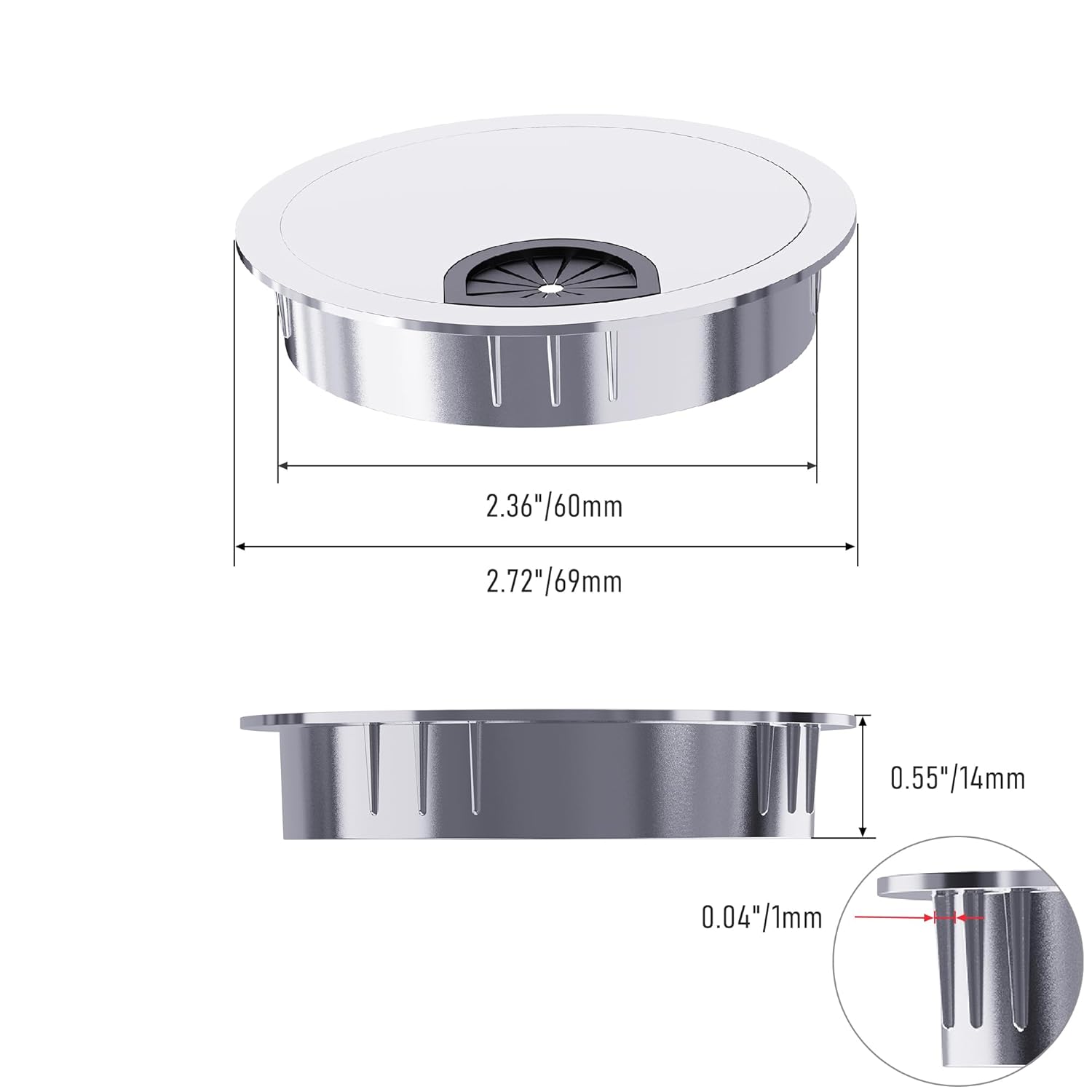 Desk Grommet 2-3/8 Inch 60mm, Zinc Alloy Computer Desk Wire Hole Cover, Office Desktop Cord Cable Hole Metal Ring, Bright Silver