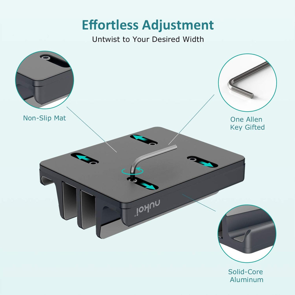 Vertical Laptop Stand - SPACEMax Adjustable GRIPLock Anti-Tip Silicone 4 Slots Aluminum Desktop Holder - Double Dock Stand - 2 Phone Slots Fits Up to 17.3” Laptops, Tablets, Phones - Gray
