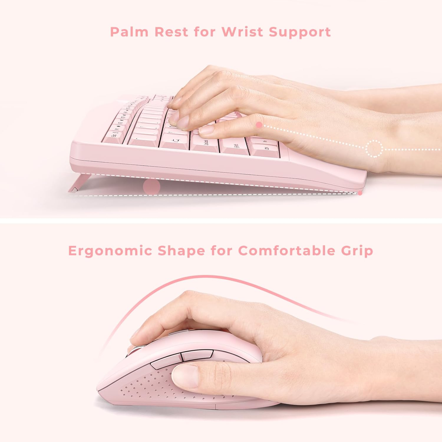 Wireless Keyboard and Mouse - Full Size Ergonomic Keyboard with Palm Wrist Rest Ergonomic Mouse Cordless for Windows Computers Laptops - Light Pink (Upgrade)