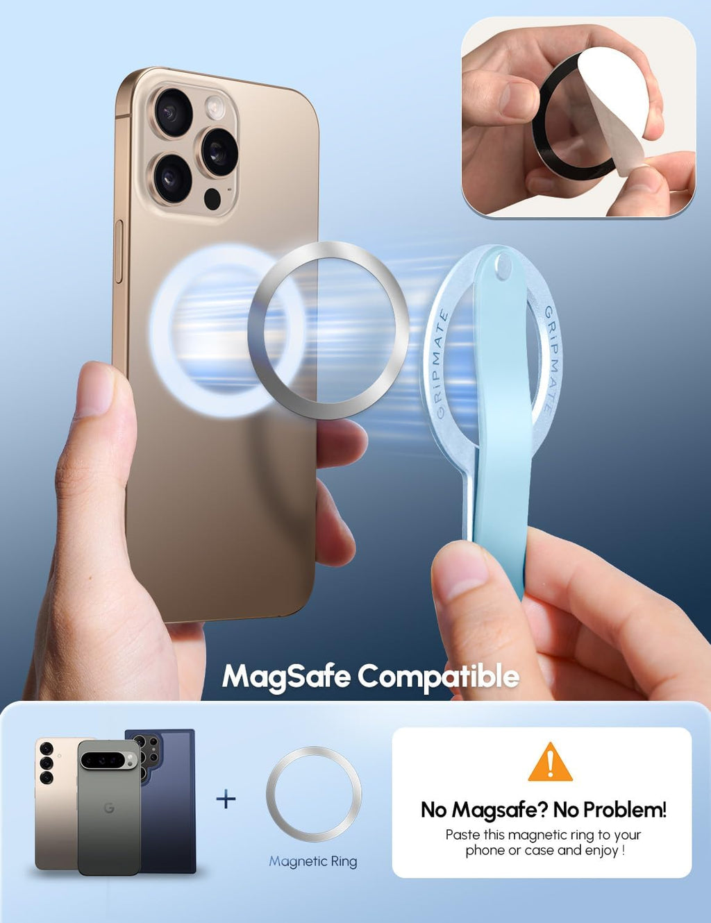 Phone Grip for iPhone - Magnetic Phone Ring Holder Detachable for iPhone 16 - Comfortable Finger Phone Loop Grip for Apple 16/15/14/13/12,Blue