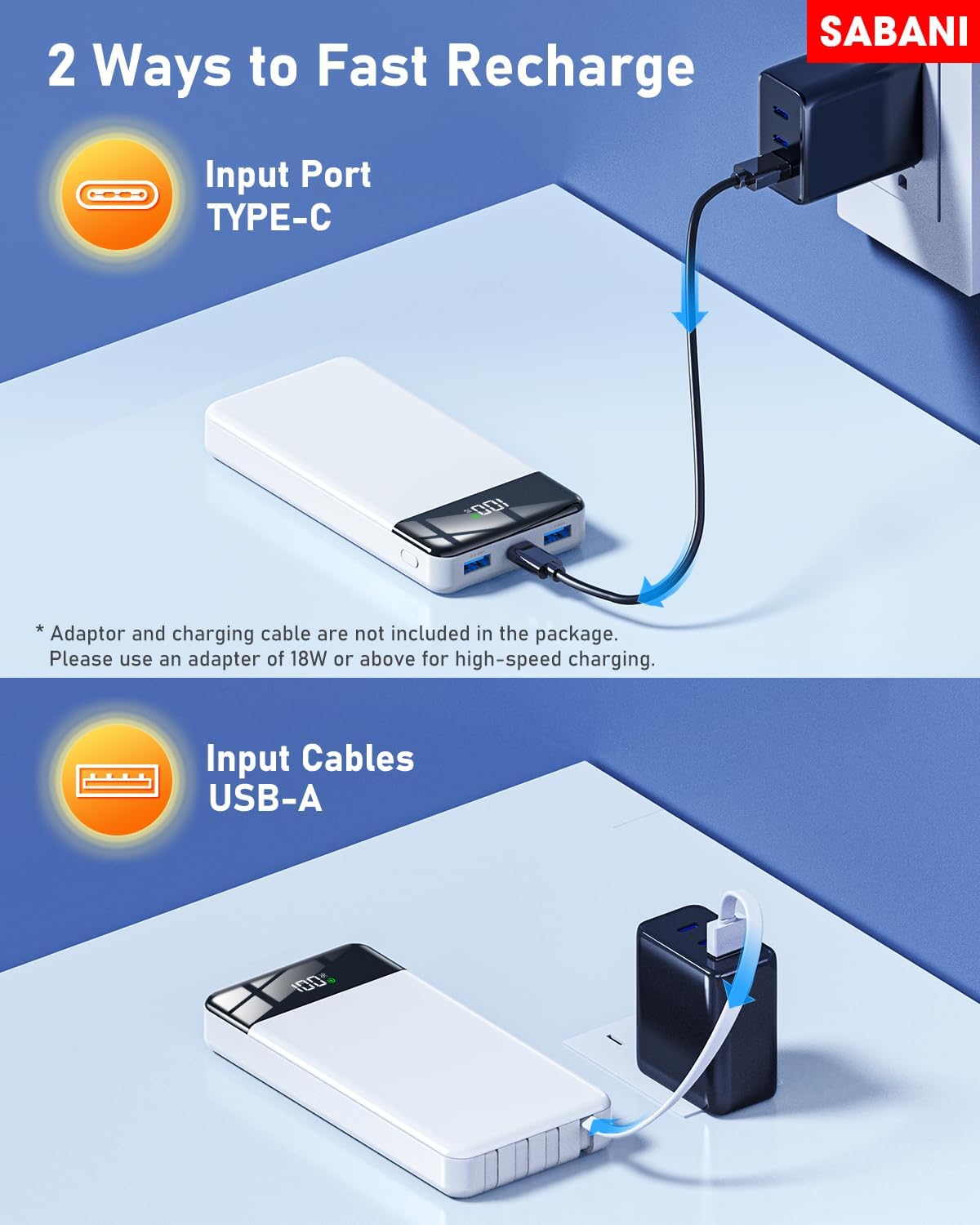 SABANI Portable Charger 35000mAh Power Bank - Portable Battery with 4 Built in Cables, 22.5W Fast Charging Battery Pack Compatible with iPhone 16 15 14 13 Samsung Android Phone etc (1 Pack, White)