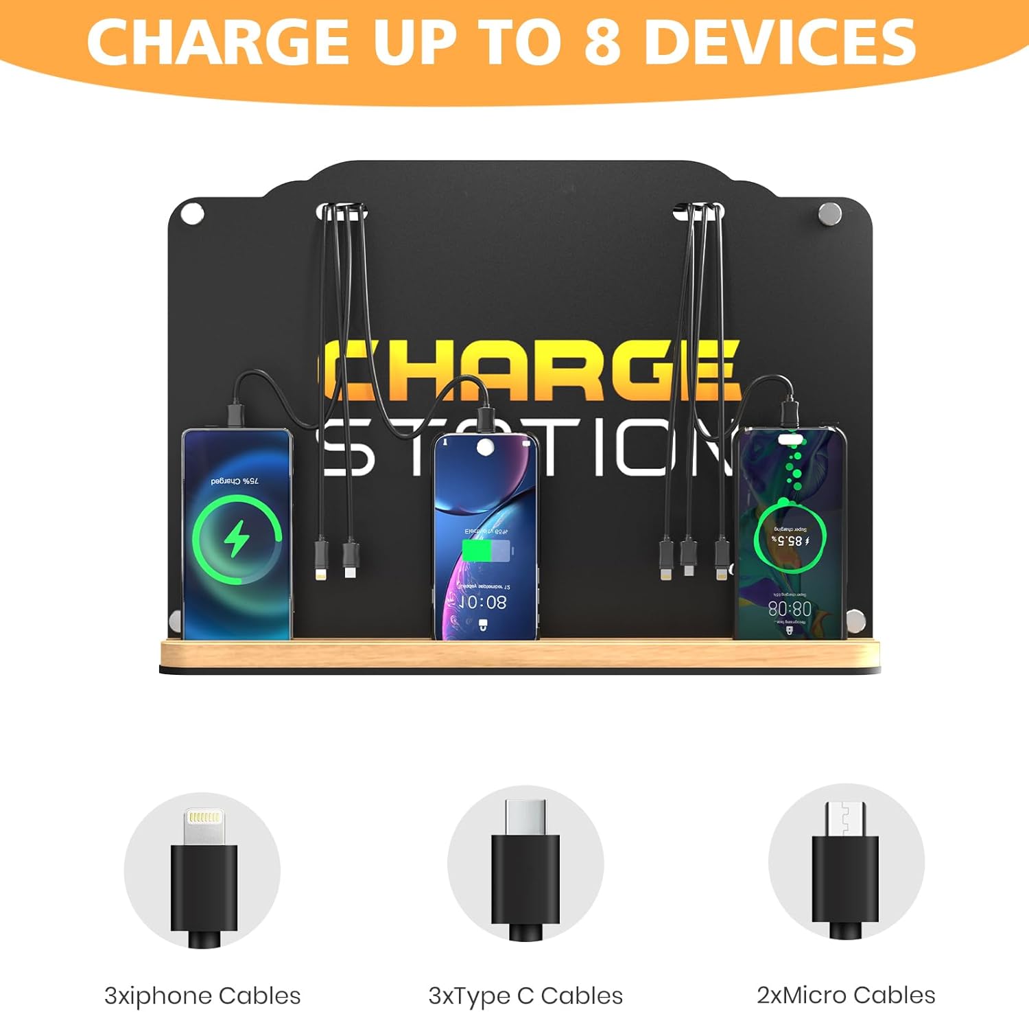 Wall Mount Charging Station with 8 Ports Phone Charger | Advertising Cell Phone Charging Station with Bamboo Organizer | Application for Schools, Office, Library, University