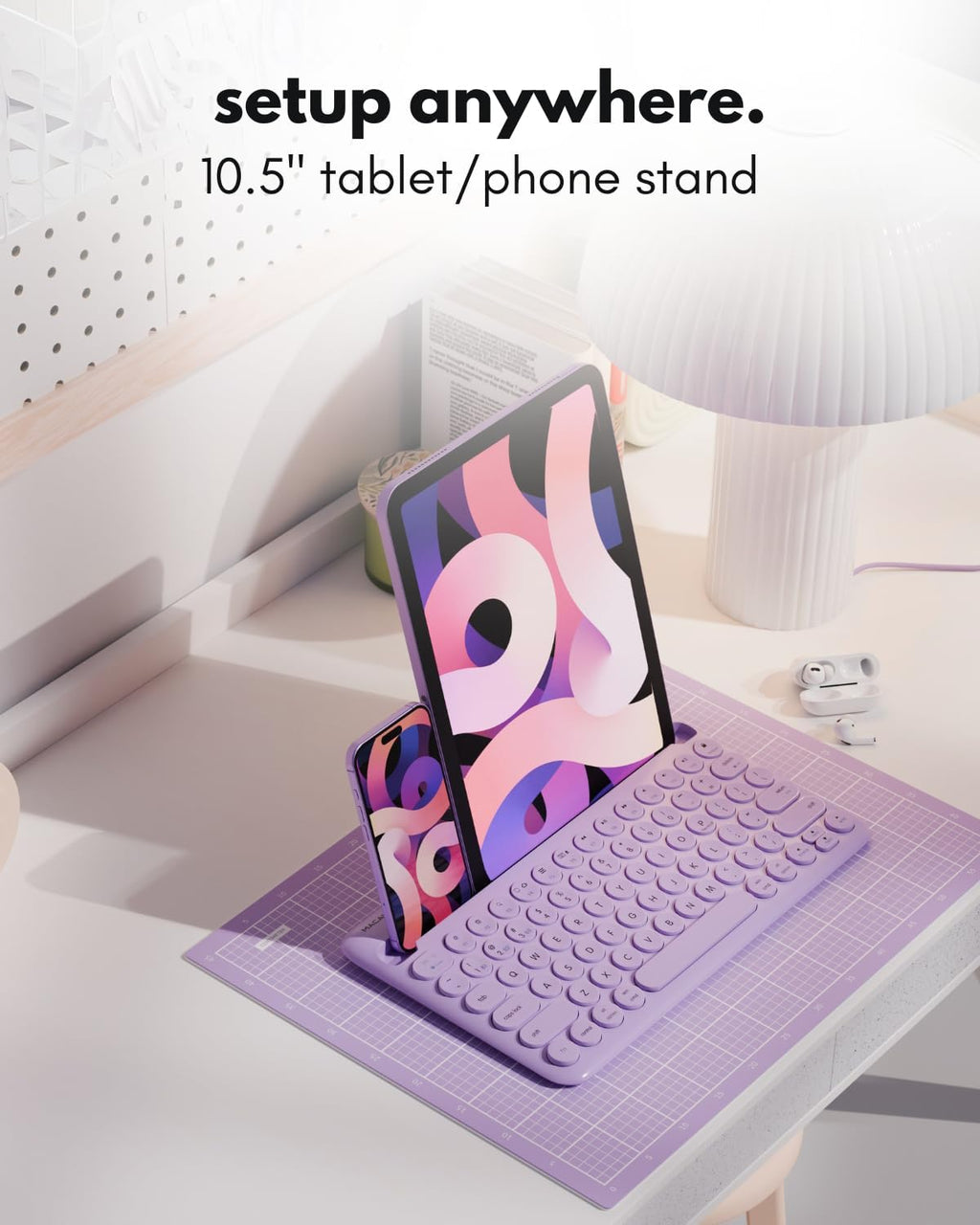 Macally Small Wireless Bluetooth Keyboard for iPad mini/Air/Pro, iPhone, Tablet, and Phone - 78 Key iPad Keyboard with Built-in Stand - Universal Compatible Multi Device - Purple