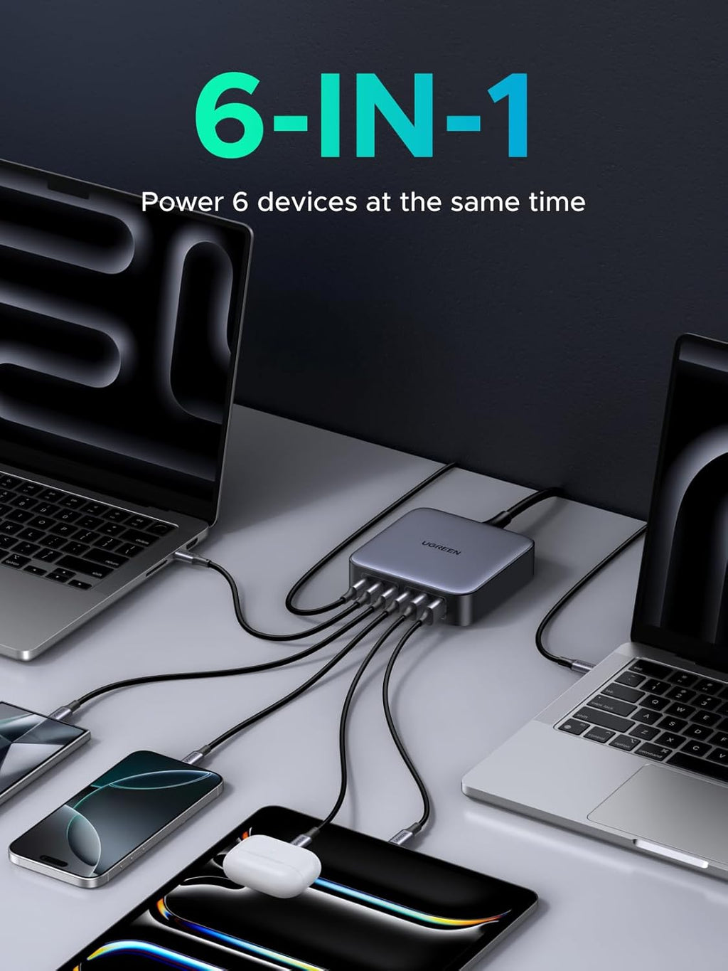 UGREEN 200W USB C Charger, Nexode 6-Port GaN Desktop Charger, USB C Charging Station for MacBook Pro/Air, iPad Pro/Air, iPhone 16/15/14, Galaxy S24 Ultra, Steam Deck