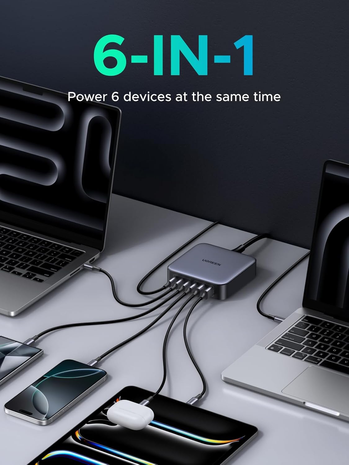 UGREEN 200W USB C Charger, Nexode 6-Port GaN Desktop Charger, USB C Charging Station for MacBook Pro/Air, iPad Pro/Air, iPhone 16/15/14, Galaxy S24 Ultra, Steam Deck