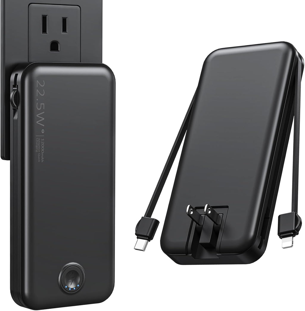 Portable Charger with Built in Cable and AC Wall Plug, USB C Power Bank 12000mAh 22.5W Super Fast Charging, Lightweight Portable Phone Charger Travel Battery Pack for iPhone, ect