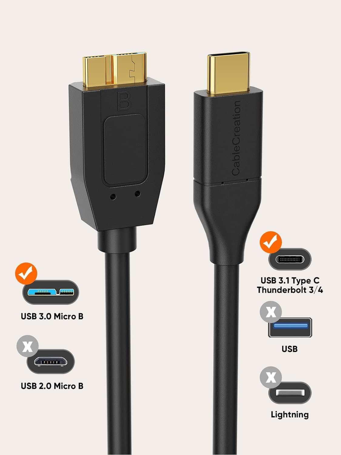 CableCreation 1FT*3 USB C to Micro B Cable,10Gbps Speed External Hard Drive Braided,USB 3.1 Type C to Micro B Work for iPhone 15/16,Seagate WD Westgate My Passport,MacBook Pro, iPad/Tablet,Black