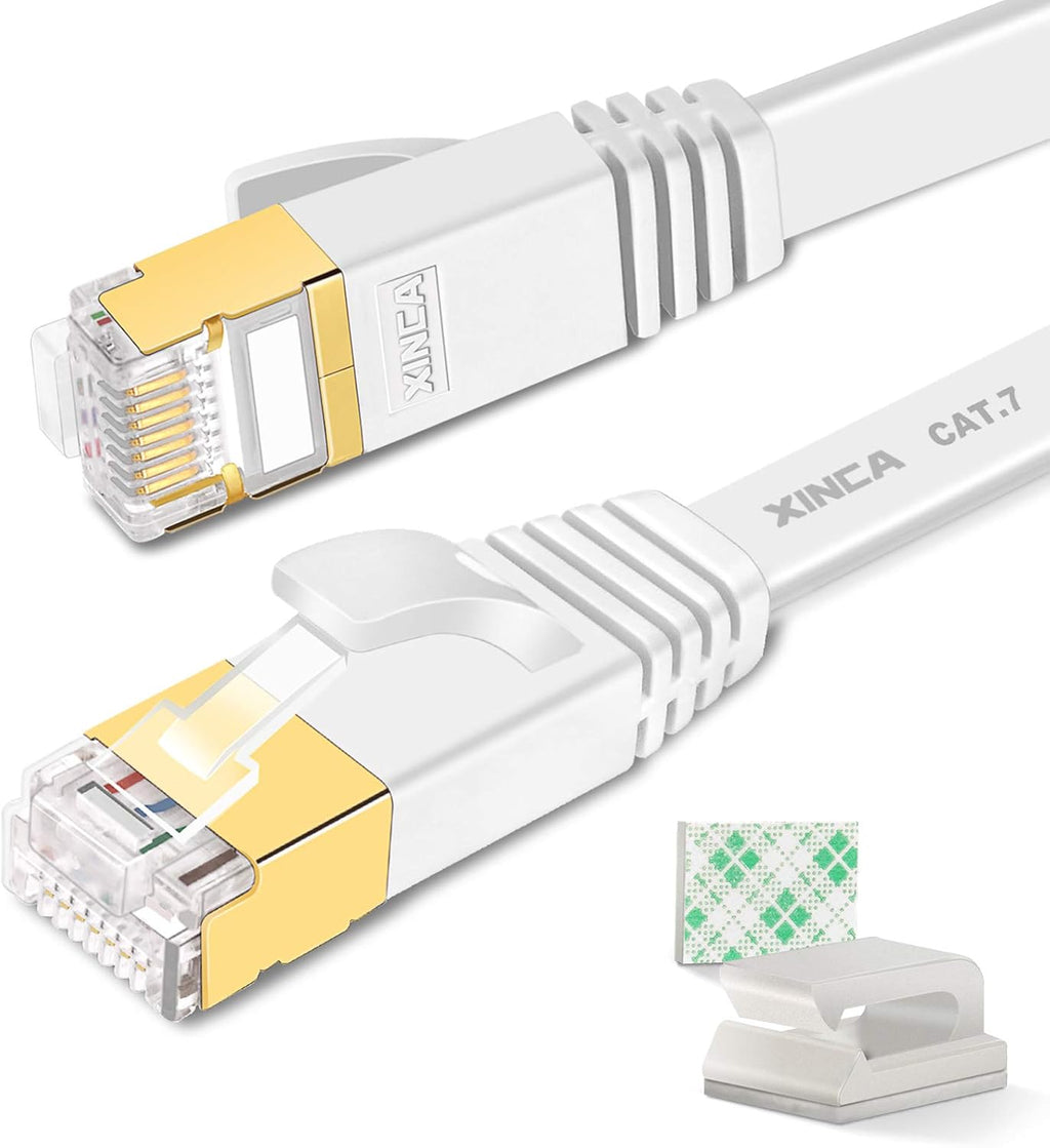 Cat 7 Flat Ethernet Cable 100ft White, High Speed 10GB Shielded (STP) LAN Internet Network Cable Ethernet Patch Computer Cable with Rj45 Connectors and 50pcs Adhesive Cable Clips