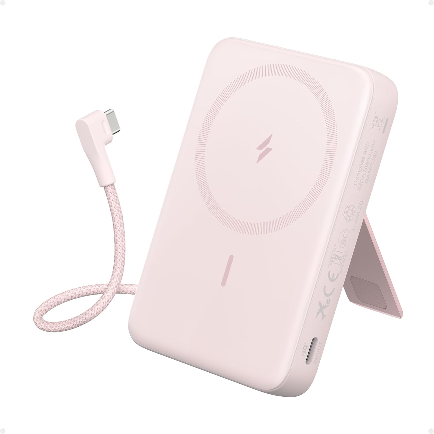 Anker Zolo Magnetic Power Bank, 10,000mAh Wireless Portable Charger with 30W Max Fast Charging, Battery Pack with Built-in USB-C Cable and Adjustable Stand, for iPhone 16/15 Series, AirPods, and More