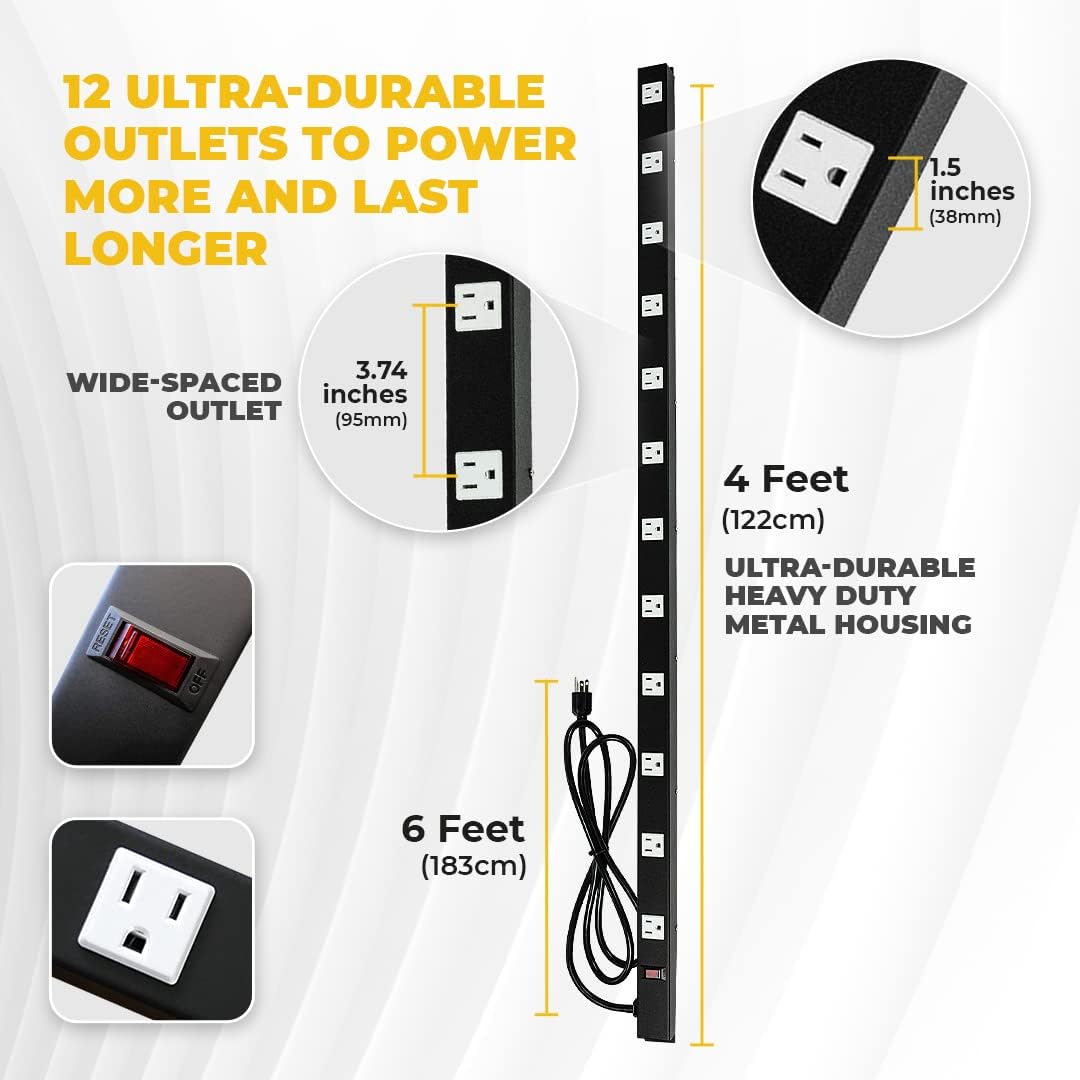 12 Outlets 4 Feet Body Heavy Duty Metal Surge Protector Power Strip (4 Feet 12 Outlet 6 Feet Power Cord)