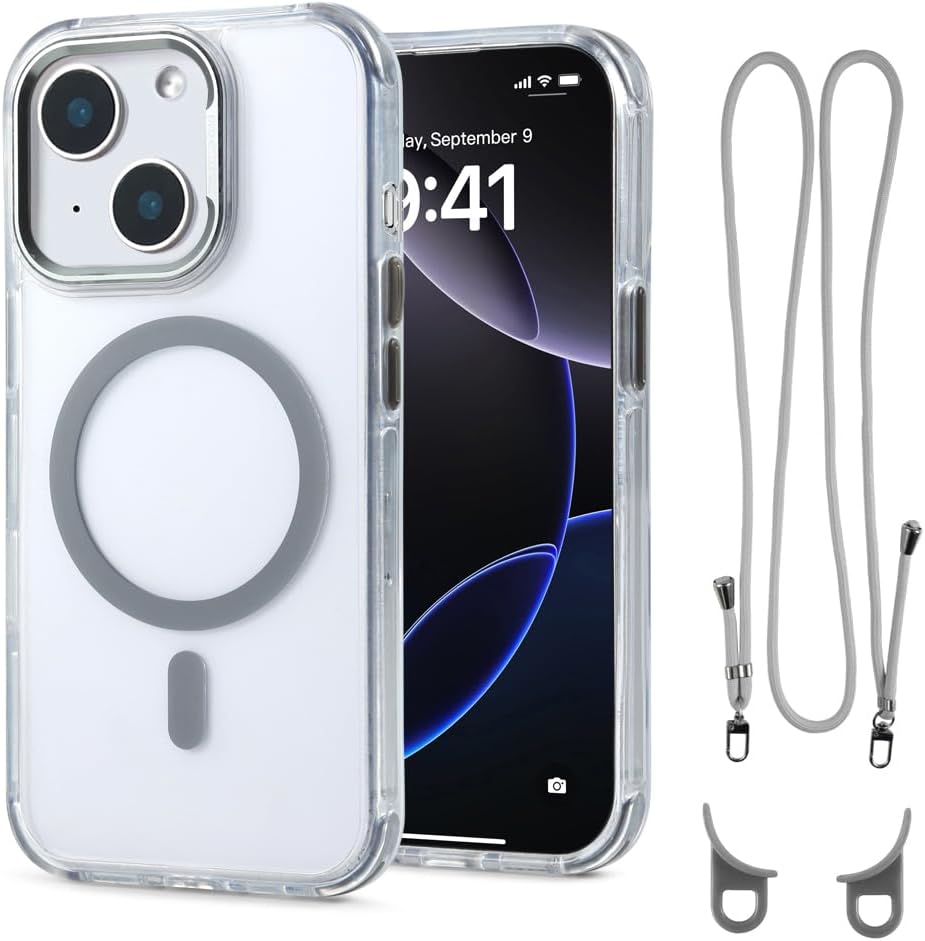 for iPhone 13/14 Case with 62.99 inch Lanyard, Classic Clear&Gray Magnetic Phone Case, Drop&Shockproof Protection Cases, Phone Lanyard for Around The Neck, Compatible with Magnet Accessory
