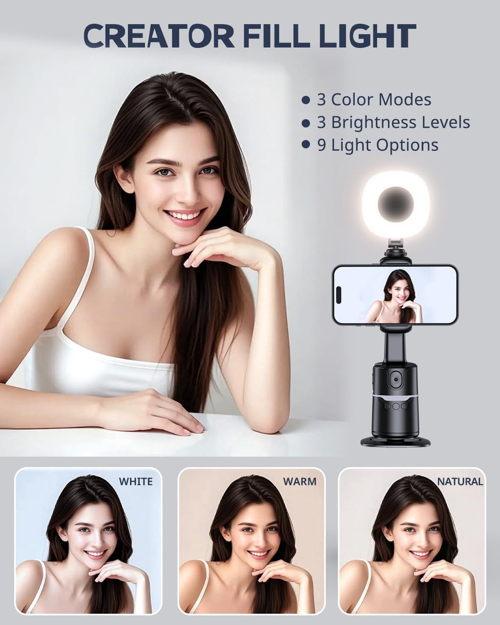 UBeesize Auto Face Tracking Tripod with Adjustable Desk Tripod, 360° Rotating vlogging kit for iPhone with Remote & Gesture Control, Rechargeable Selfie Fill Light, No App Required
