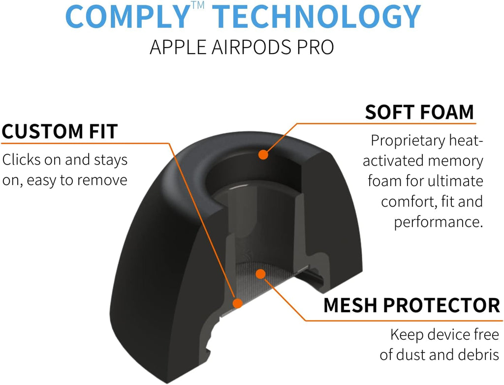 Comply Memory Foam Replacement Earbud Tips for Apple AirPods Pro 1 & 2 | Ultimate Comfort, Secure Fit, Superior Noise Isolation | Anti Slip, Prevent From Falling Out | Black, Medium (3 Pairs)