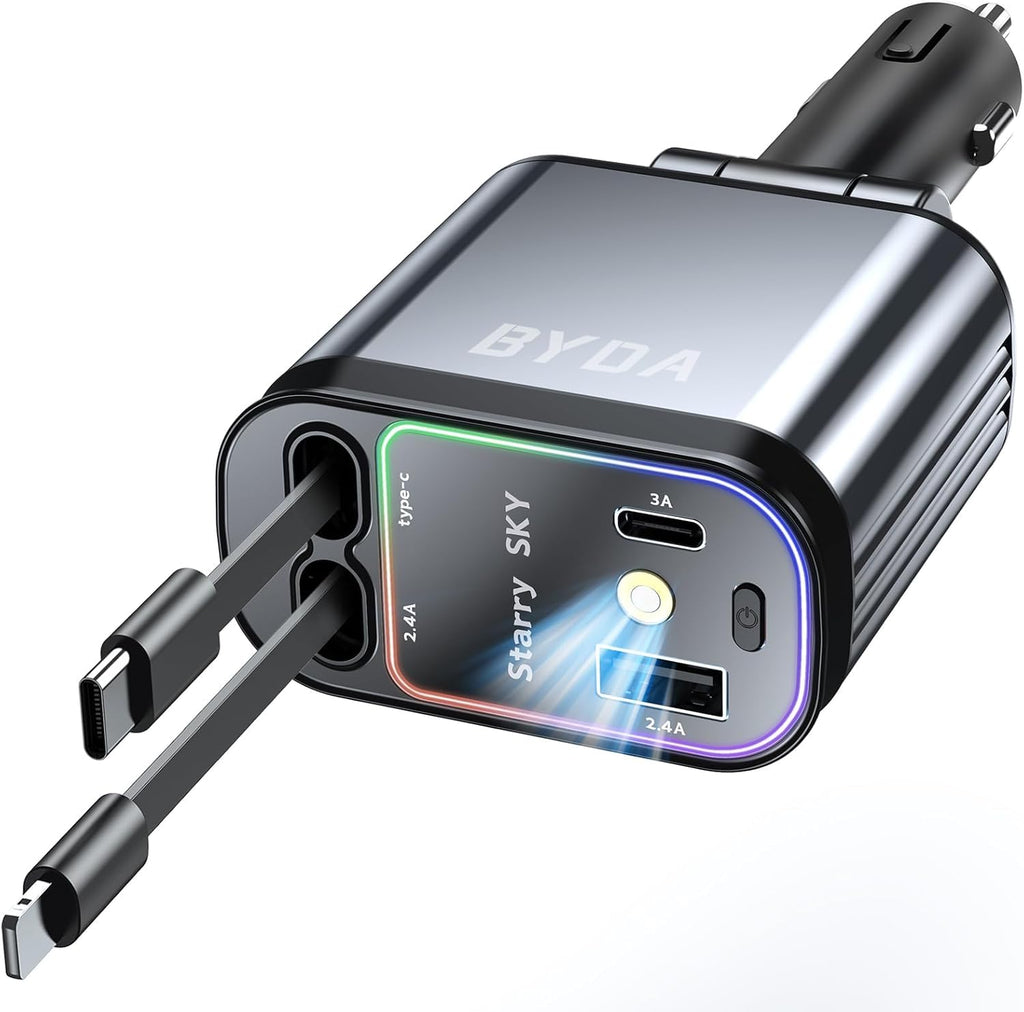 4 in 1 Retractable Car Charger for iPhone,69W USB-C Fast Car Charger with Starry Light, for Car Charger Adapter iPhone16/15/14/13/12,Android,Pixel,Cigarette Lighter Adapter(ForLightning+USB-C)