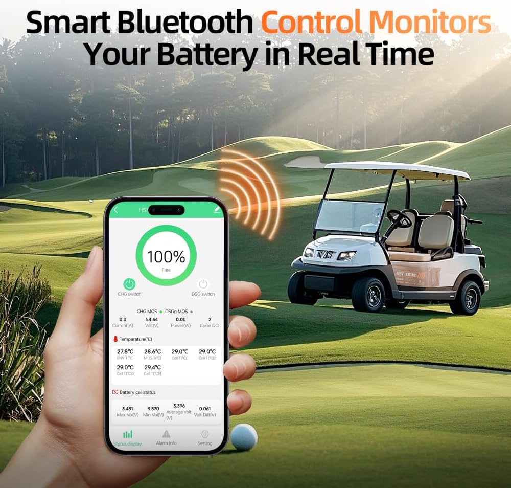 48V 100Ah Lithium Battery for Golf Cart with 15A Charger, Built-in Bluetooth 5.0 & 200A BMS,15000+ Deep Cycle LiFePO4 Battery with Low-Temp Protection for Golf Cart ﻿ Group 8D