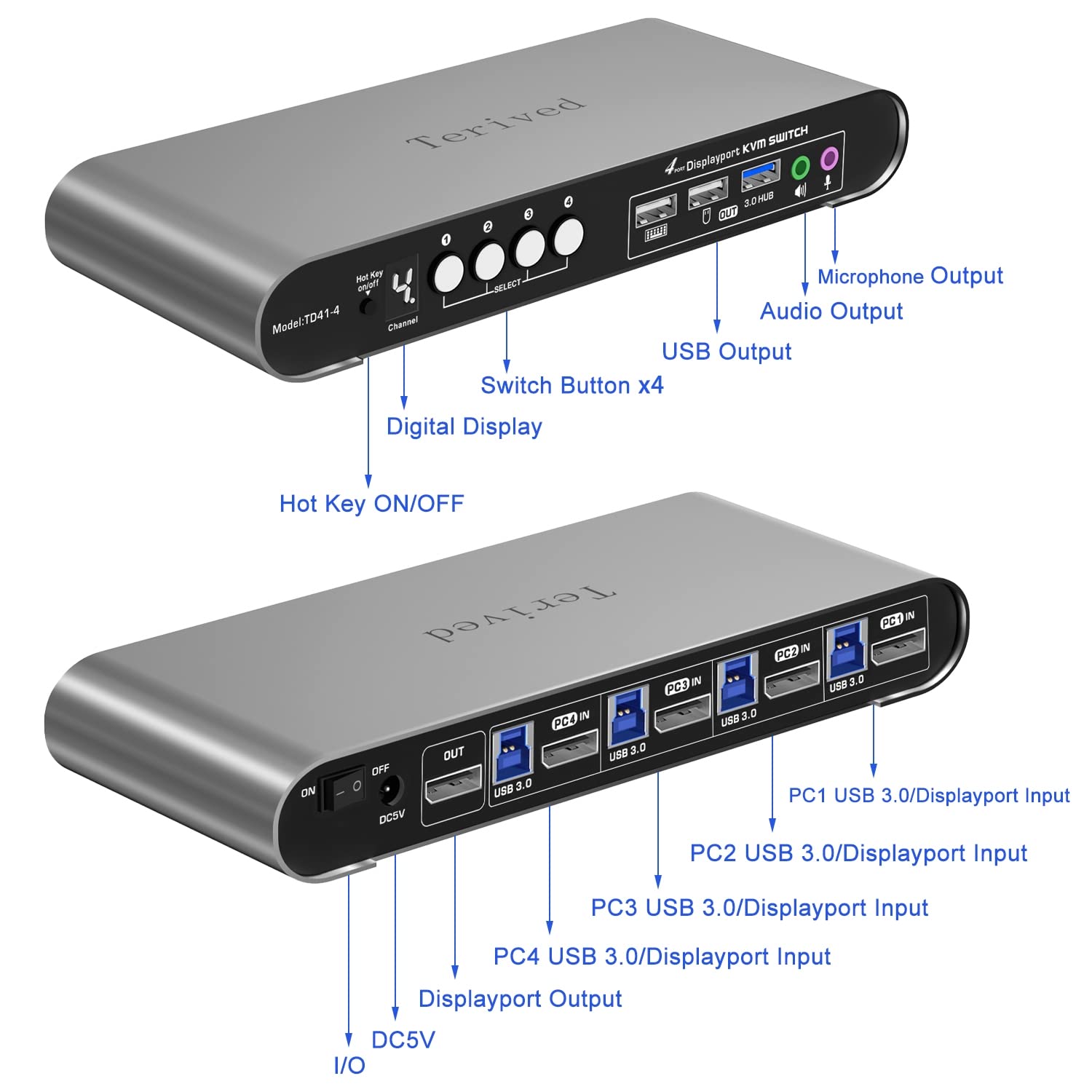 4 Computers 1 DP Monitor Automatic KVM Switch 4K@144Hz 8K30Hz with Complete Cable Set, Hotkey Switching, Support Audio Microphone and USB Hub, Aluminum Alloy Shell, Digital Display, HDR10