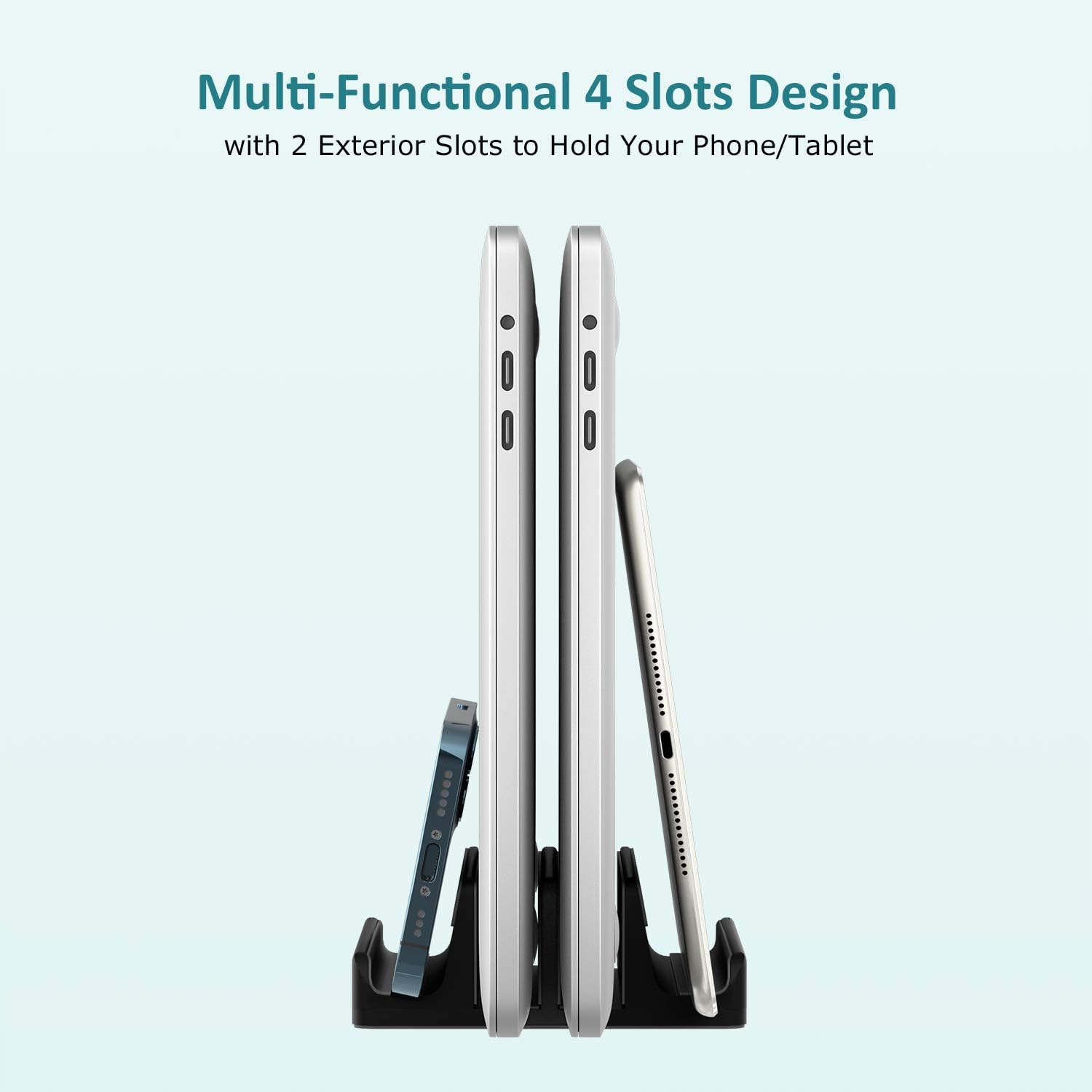 Vertical Laptop Stand - SPACEMax Adjustable GRIPLock Anti-Tip Silicone 4 Slots Aluminum Desktop Holder - Double Dock Stand - 2 Phone Slots Fits Up to 17.3” Laptops, Tablets, Phones - Black