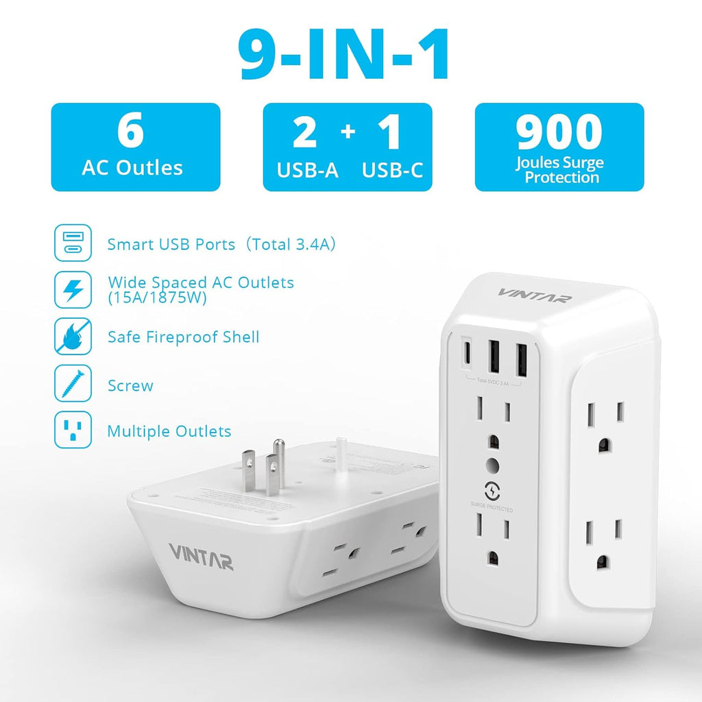 [2-Pack] USB Wall Charger,Surge Protector,6 Outlet Extender with 3 USB Charging Ports(1 USB C Outlet,3.4A) 900J Power Strip Multi Plug Outlets,Wall Mount Power Strip for Home Travel Office ETL Listed