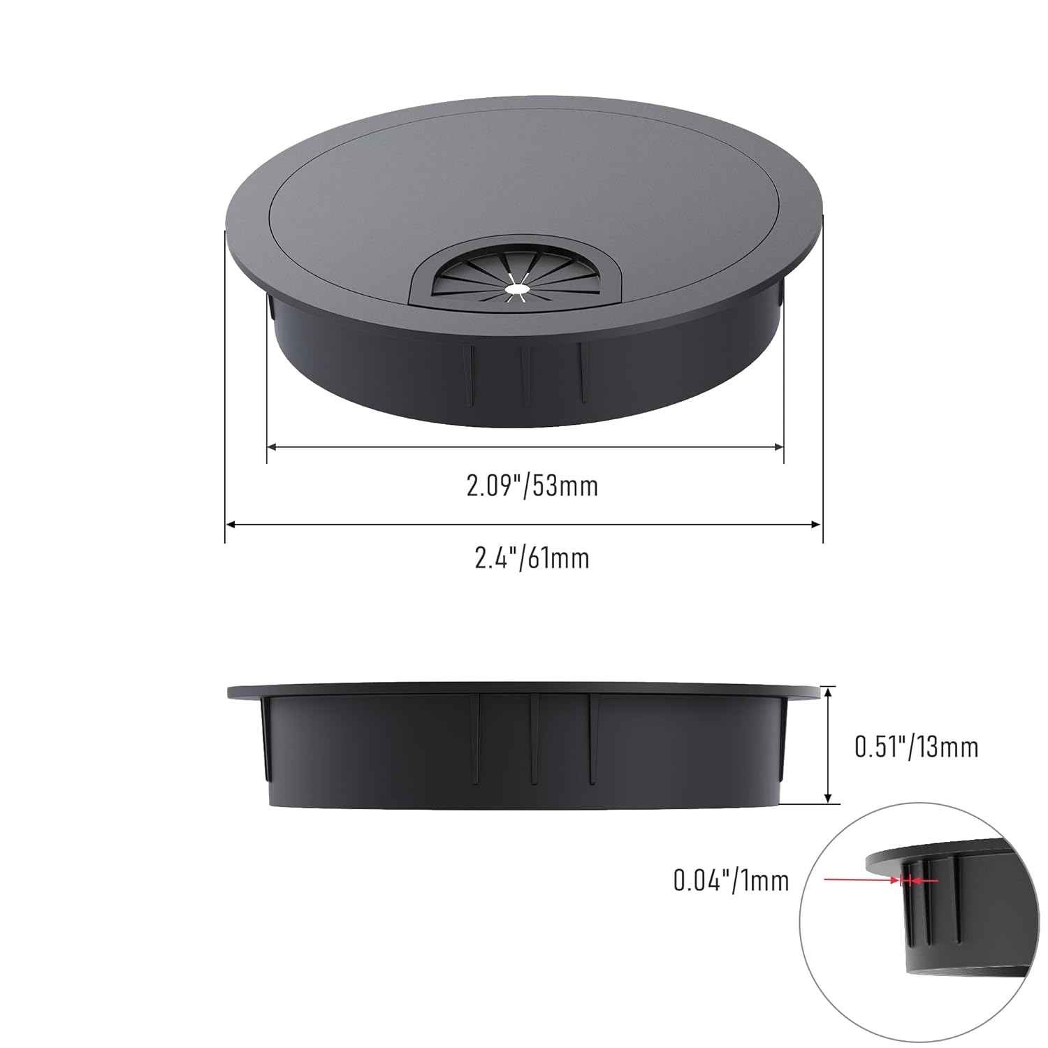 2 Pack Desk Grommet 2-1/8 Inch 53mm, Zinc Alloy Computer Desk Wire Hole Cover, Office Desktop Cord Cable Hole Metal Ring, Black