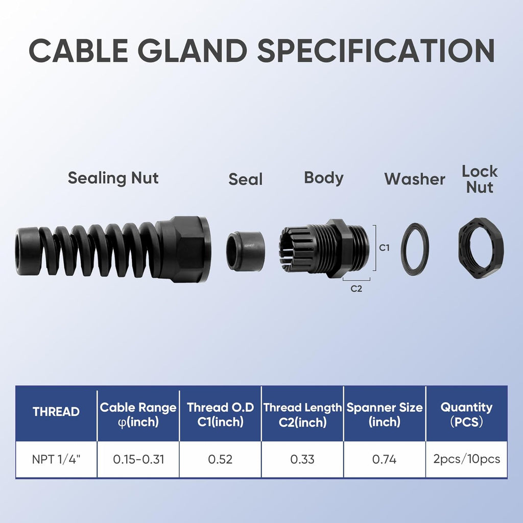 Strain Relief Cord Connector,LISTENJIALE 2Pcs NPT 1/4" Waterproof Cable Gland Flex Spiral Strain Relief Adjustable 4-8mm Cable Connector Nylon Joint with Gaskets(Black)