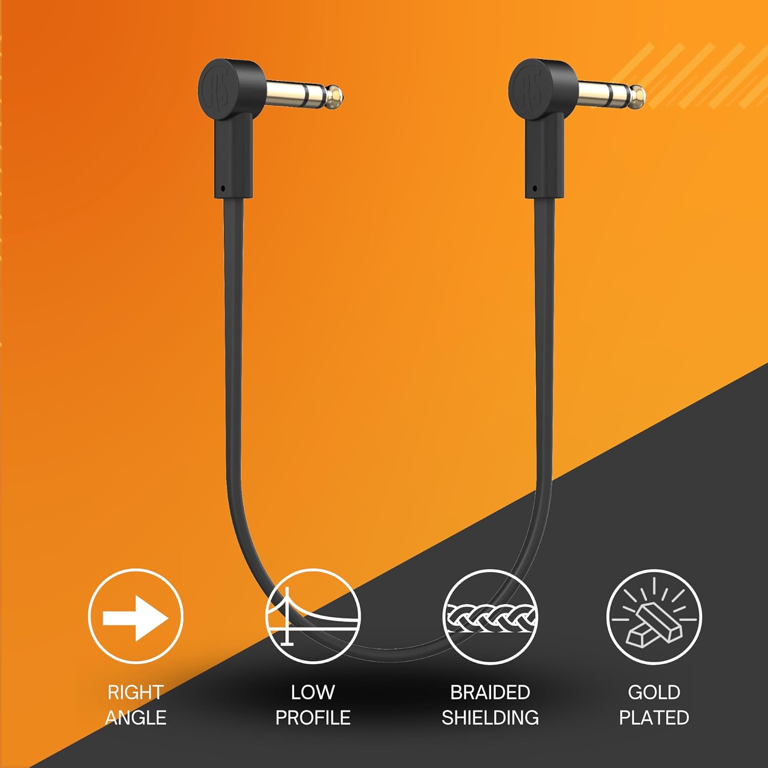 Rock Stock 1/4" Stereo TRS Flat Patch Cables - 18" Ultra-Thin, Right Angle, Low Profile, Gold Plated, Braided Shielding - Maximize Pedalboard Space, Eliminate Noise, Connect Guitar Effects Pedals