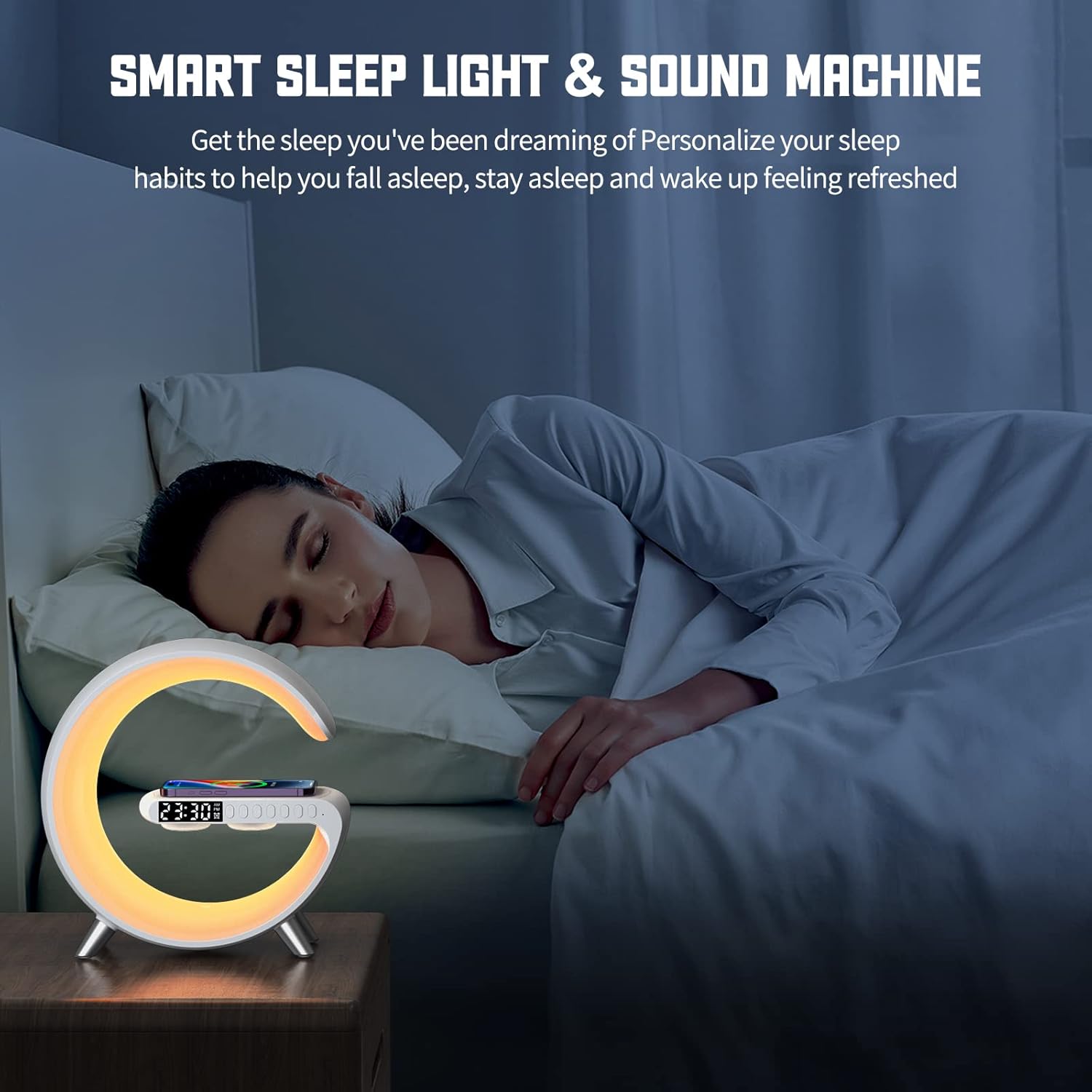 Smart Table Lamp with 4-in-1 Wireless Charger, Night Light, Bluetooth Speaker, Alarm Clock, App Control, Office, Bedroom, Home Decor (Black)