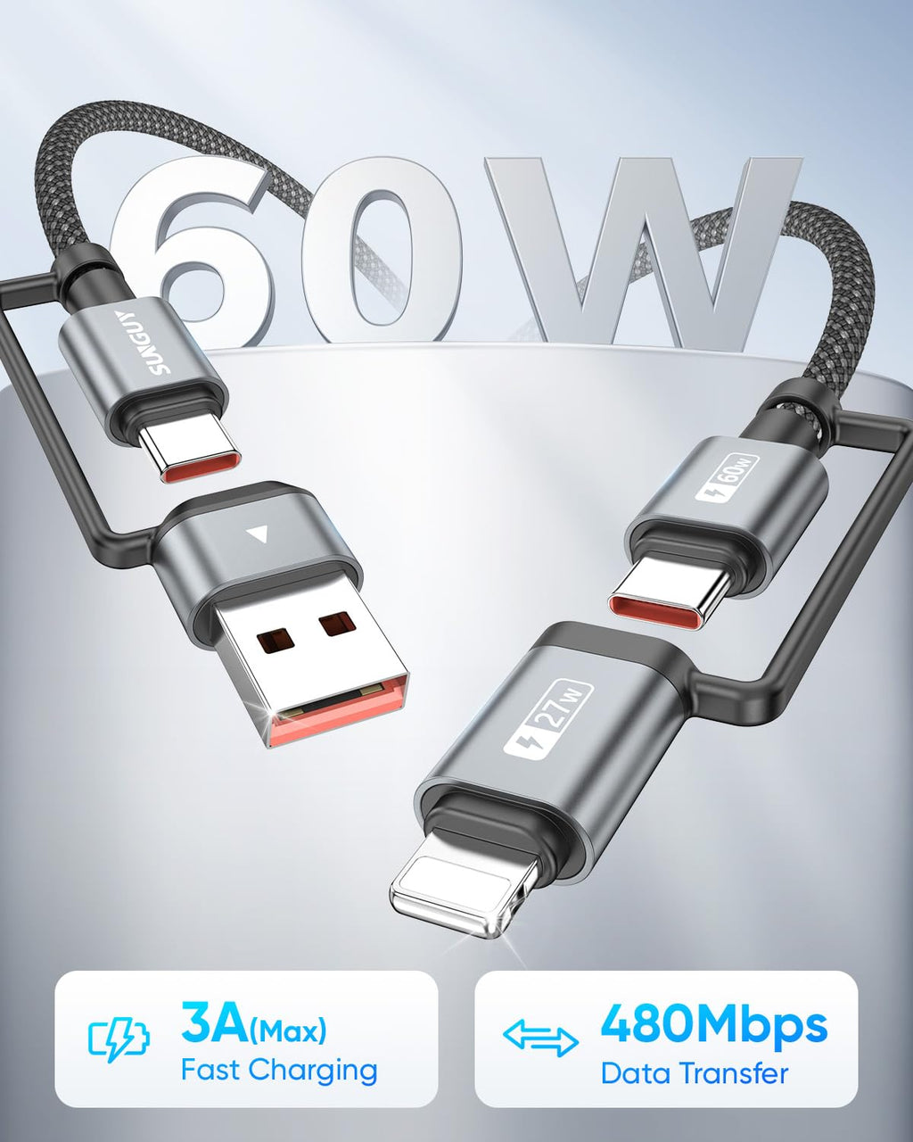 SUNGUY 4 in 1 Charging Cable 3FT [2 Pack], 60W Multi Charging Cable, USB-C/A to Lighting/C Cord for iPhone 16/15/14 Pro/iPad/MacBook/Samsung Galaxy S25/S24/Tablets