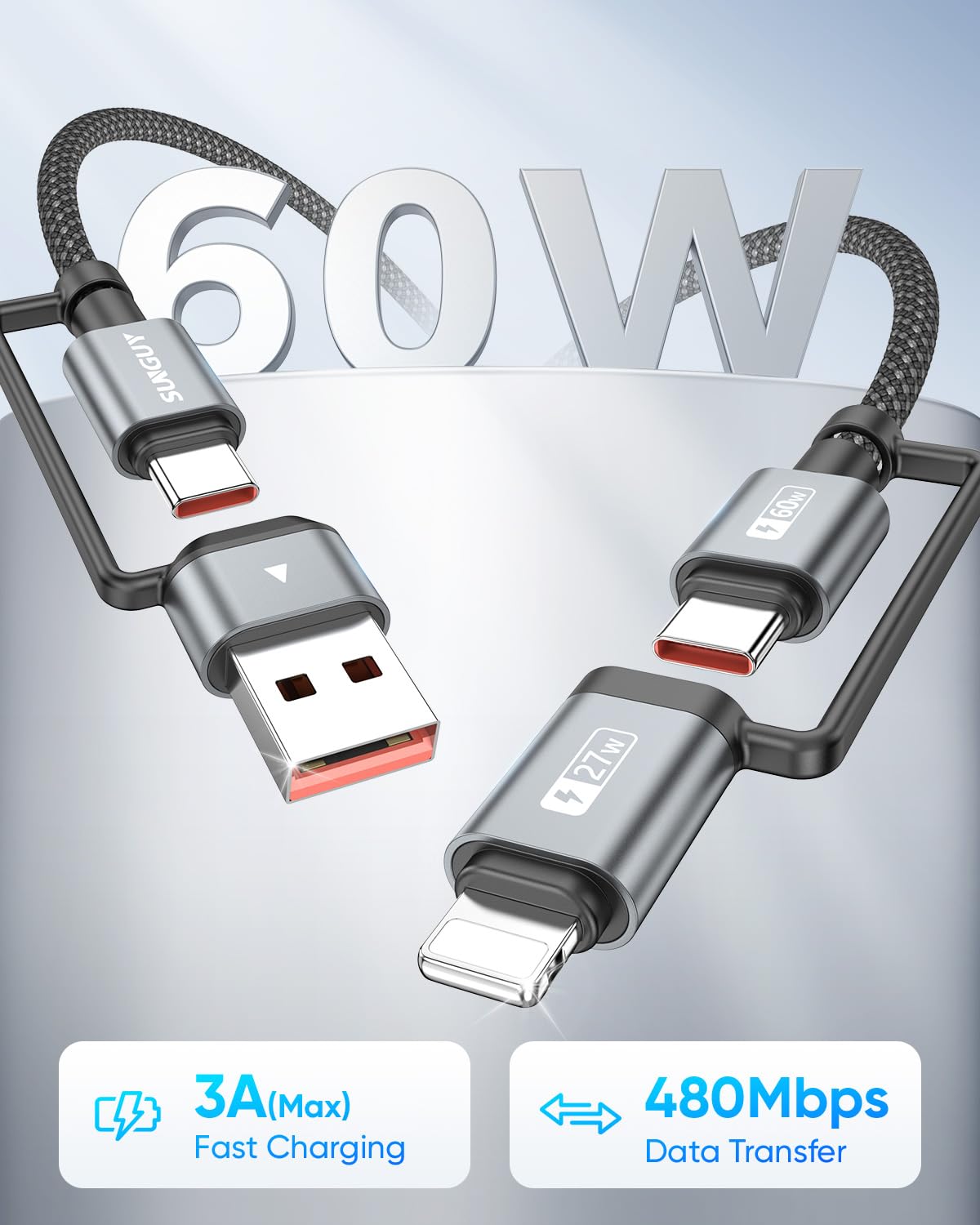 SUNGUY 4 in 1 Charging Cable 3FT [2 Pack], 60W Multi Charging Cable, USB-C/A to Lighting/C Cord for iPhone 16/15/14 Pro/iPad/MacBook/Samsung Galaxy S25/S24/Tablets