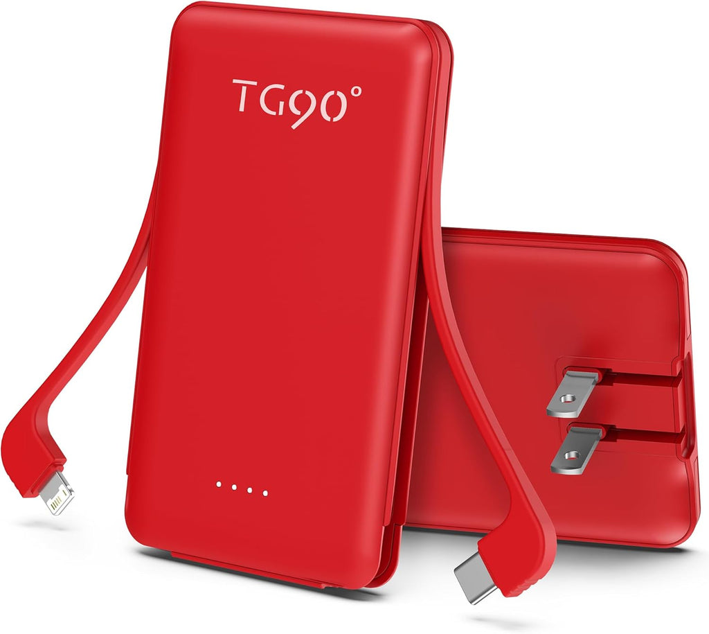 TG90° 5000mAh Ultra Slim Power Bank Built in Foldable AC Plug and Cables, Card Size Battery Pack Portable Charger for Phones, 4 in 1 External Battery Pack Compatible with iPhone, Samsung, Google