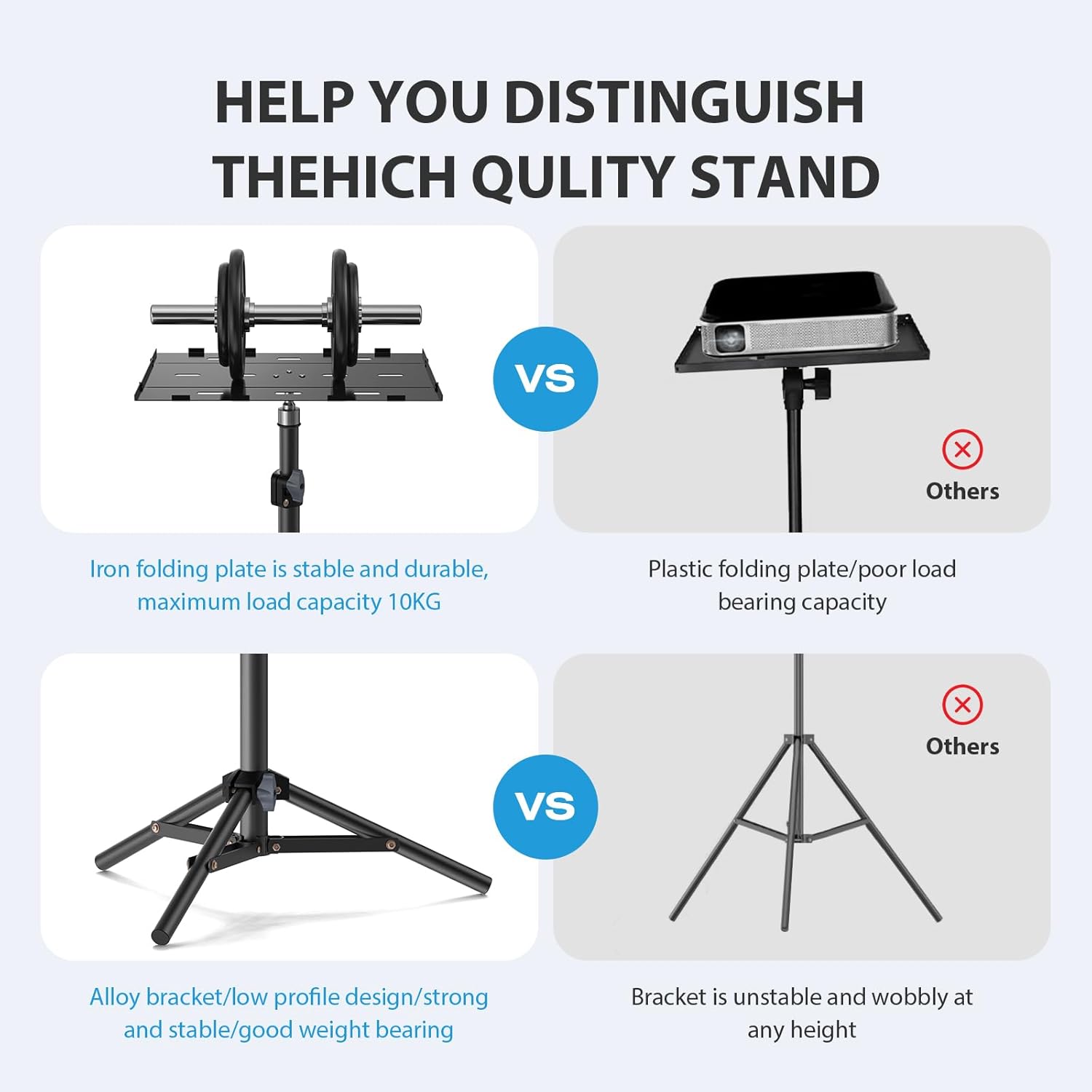 Projector Stand Tripod, Laptop Tripod Stand, Foldable Portable Projector Floor Mount, Height Adjustable from 17.7" to 45.2", with Folding Plate, Capacity 22lb, for Outdoor Movies, Home, Office
