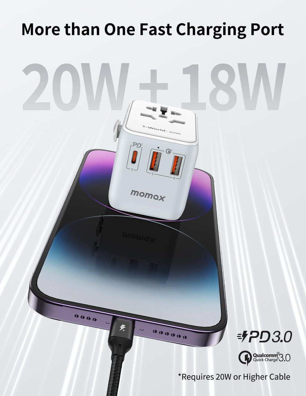 MOMAX Universal Travel Adapter, 20W+18W International Plug Adapter with 2 USB-A Quick Charging & 1 USB C PD Fast Charging,1 AC, All-in-one Wall Charger for USA EU UK AUS JP (Type C/A/G/I)