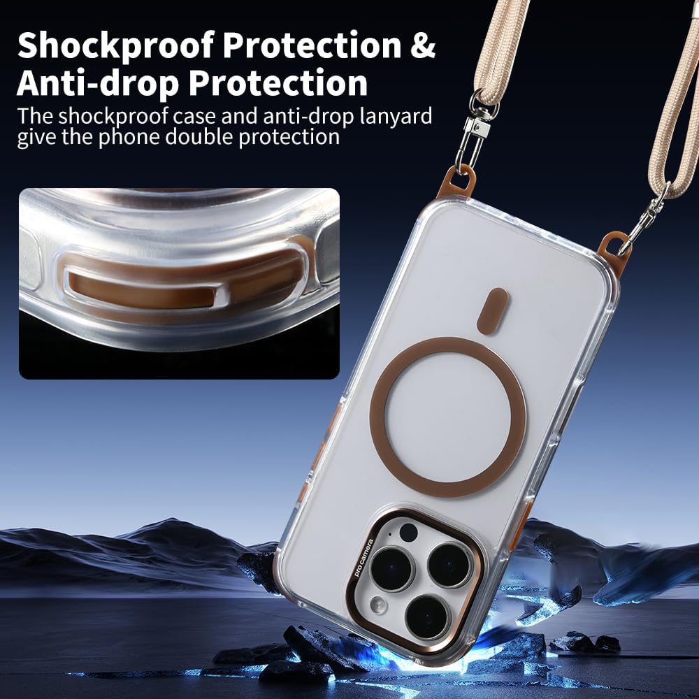 for iPhone 16 Pro Case with 62.99 inch Lanyard, Classic Clear&Brown Magnetic Phone Case, Drop&Shockproof Protection Cases, Phone Lanyard for Around The Neck, Compatible with Magnet Accessory