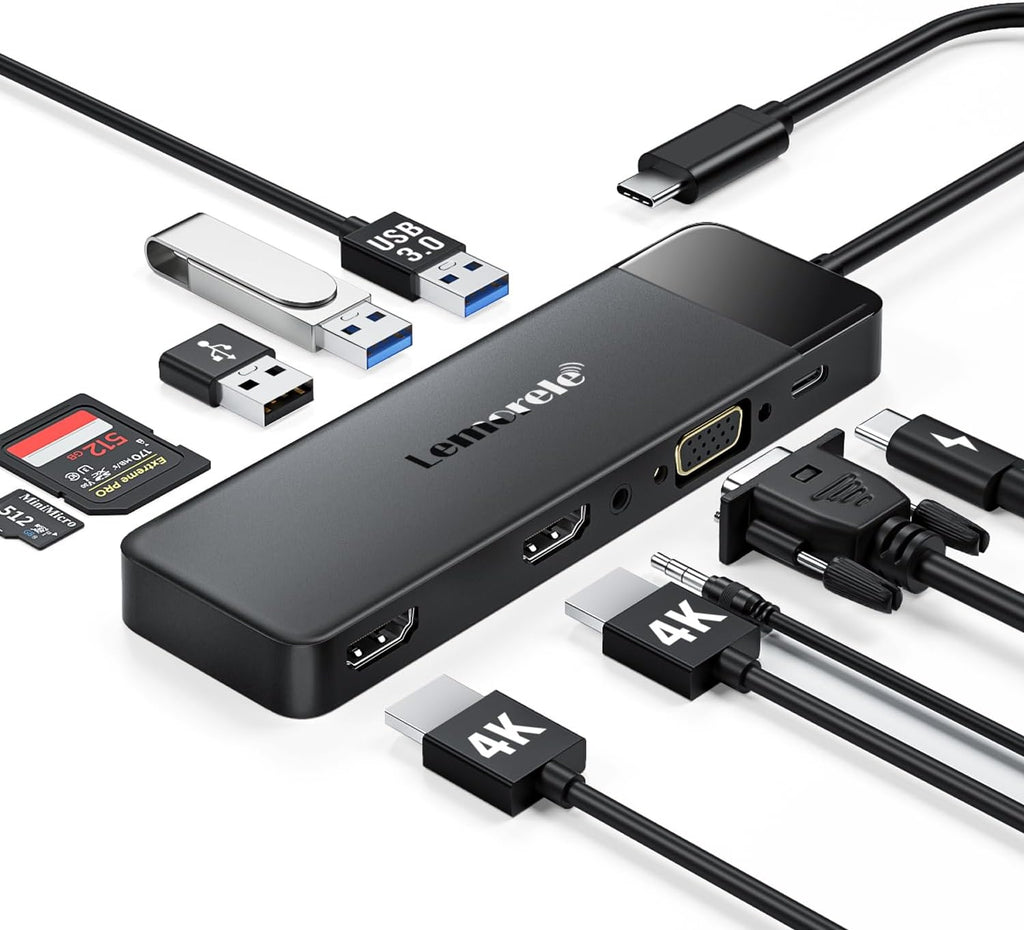 Lemorele USB C Docking Station for Laptop, 10 in 1 Triple Display Monitors Adapter w/4K Dual HDMI, 1080P VGA, 3 USB3.0/2.0, TF/SD 2.0, 3.5mm Audio, 100W PD, for MacBook, HP, Dell, Lenovo, Surface