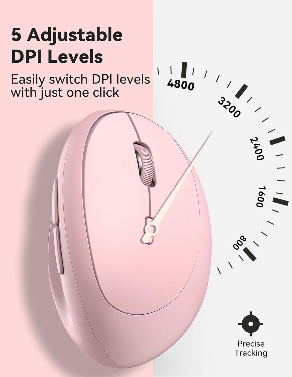 TECKNET Ergonomic Mouse, 4800 DPI Wireless Vertical Mouse, 5 Adjustable DPI Levels, 6 Buttons, 2.4G Silent Wireless Mouse for Laptop, PC, Chromebook - Pink