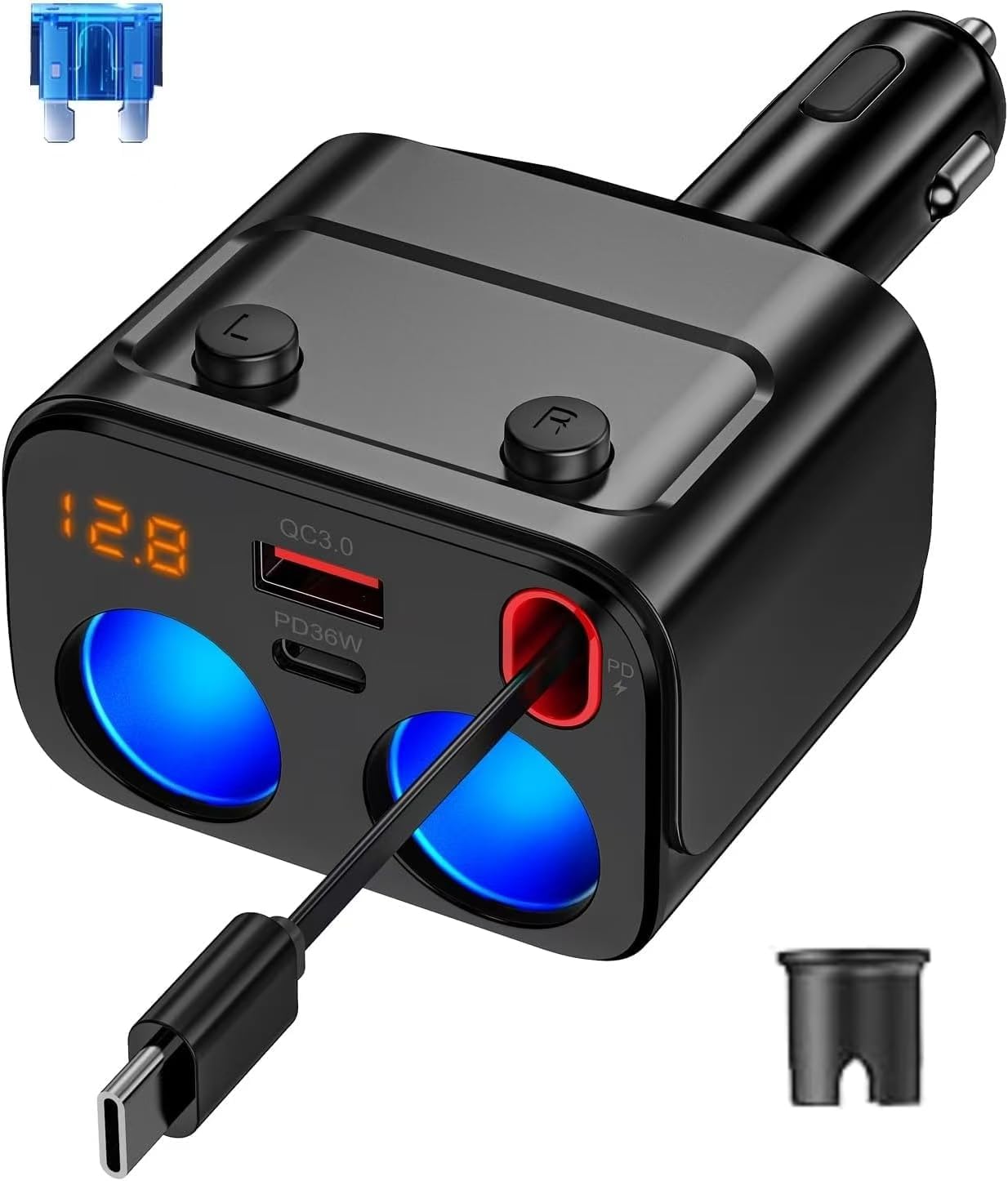 180W Retractable Car Charger Cigarette Lighter Splitter, 5 in 1 USB Fast Car Phone Charger with Retractable Cable 2 USB Ports, 2 Cigarette Lighter Socket with Separate Switch LED Voltmeter