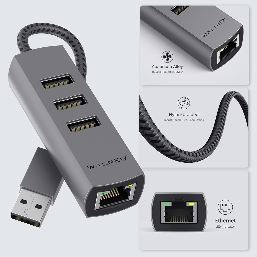 USB-C to Ethernet Adapter, WALNEW USBC to RJ45 LAN Adapter, Gigabit Cat Network Cable Converter to Type C Thunderbolt 3 for Mac,MacBook Pro/Air,Samsung Galaxy Tab (Ehternet+USB-A Port, USB-A)