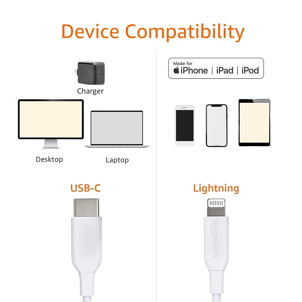 Amazon Basics USB - C to Lightning ABS Charger Cable, MFi Certified Charger for Apple iPhone 14 13 12 11 X Xs Pro, Pro Max, Plus, iPad, 6 foot, White