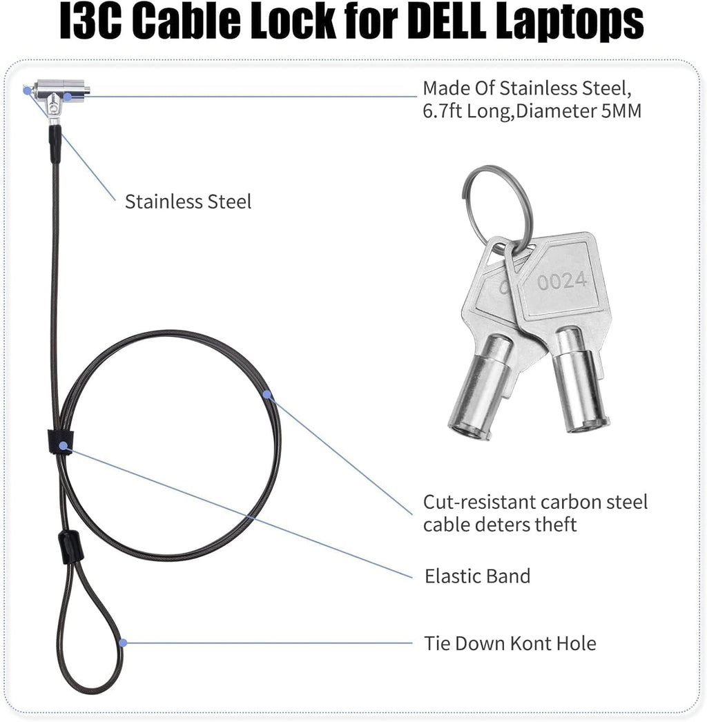 I3C Laptop Cable Lock Hardware Security Cable Lock Anti Theft 6.7FT Cable Lock Compatible with Laptop Anti-Theft Security Locking Cable Compatible for Wedge Type Slot(6 * 2.5mm)