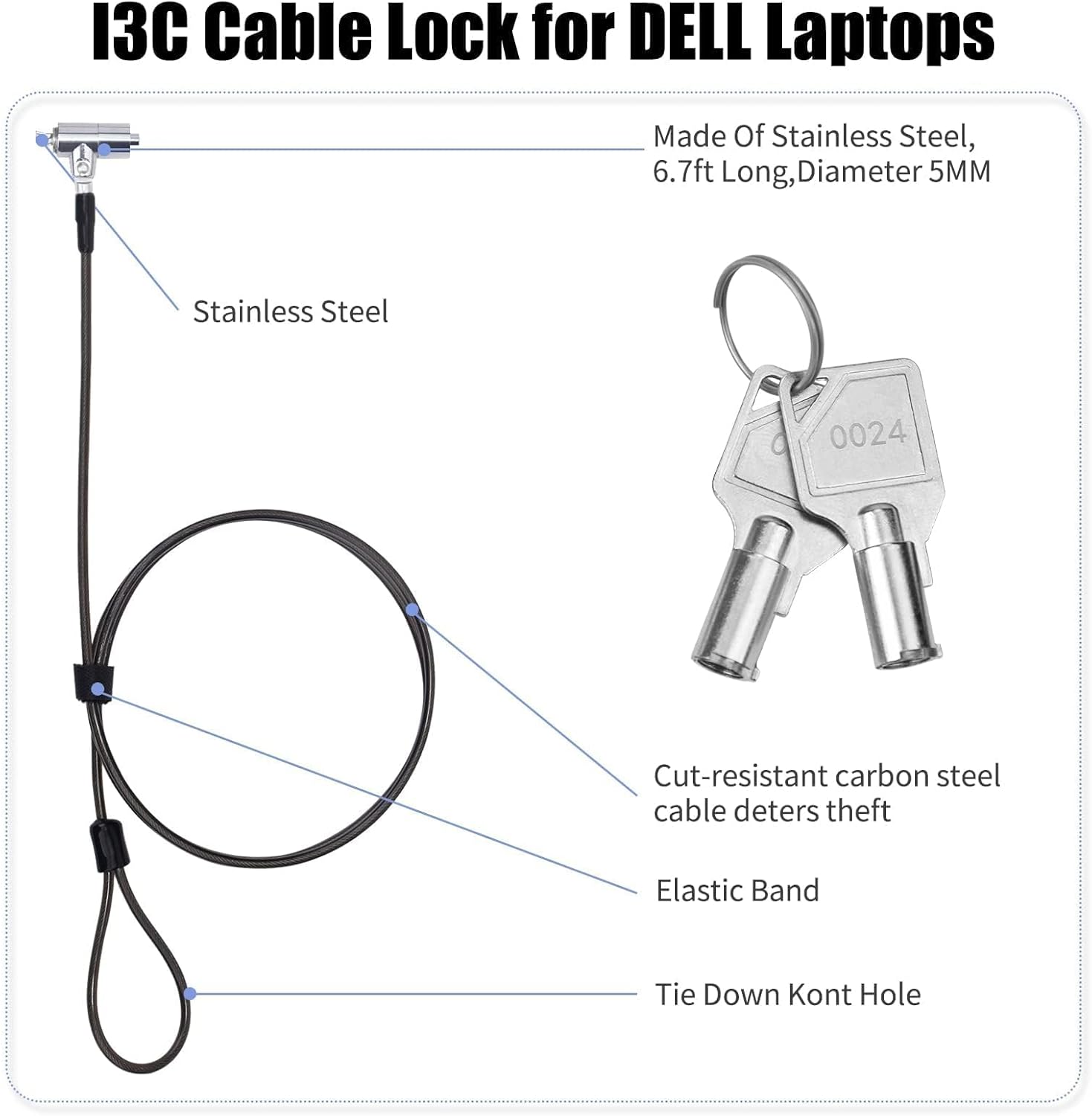 I3C Laptop Cable Lock Hardware Security Cable Lock Anti Theft 6.7FT Cable Lock Compatible with Laptop Anti-Theft Security Locking Cable Compatible for Wedge Type Slot(6 * 2.5mm)