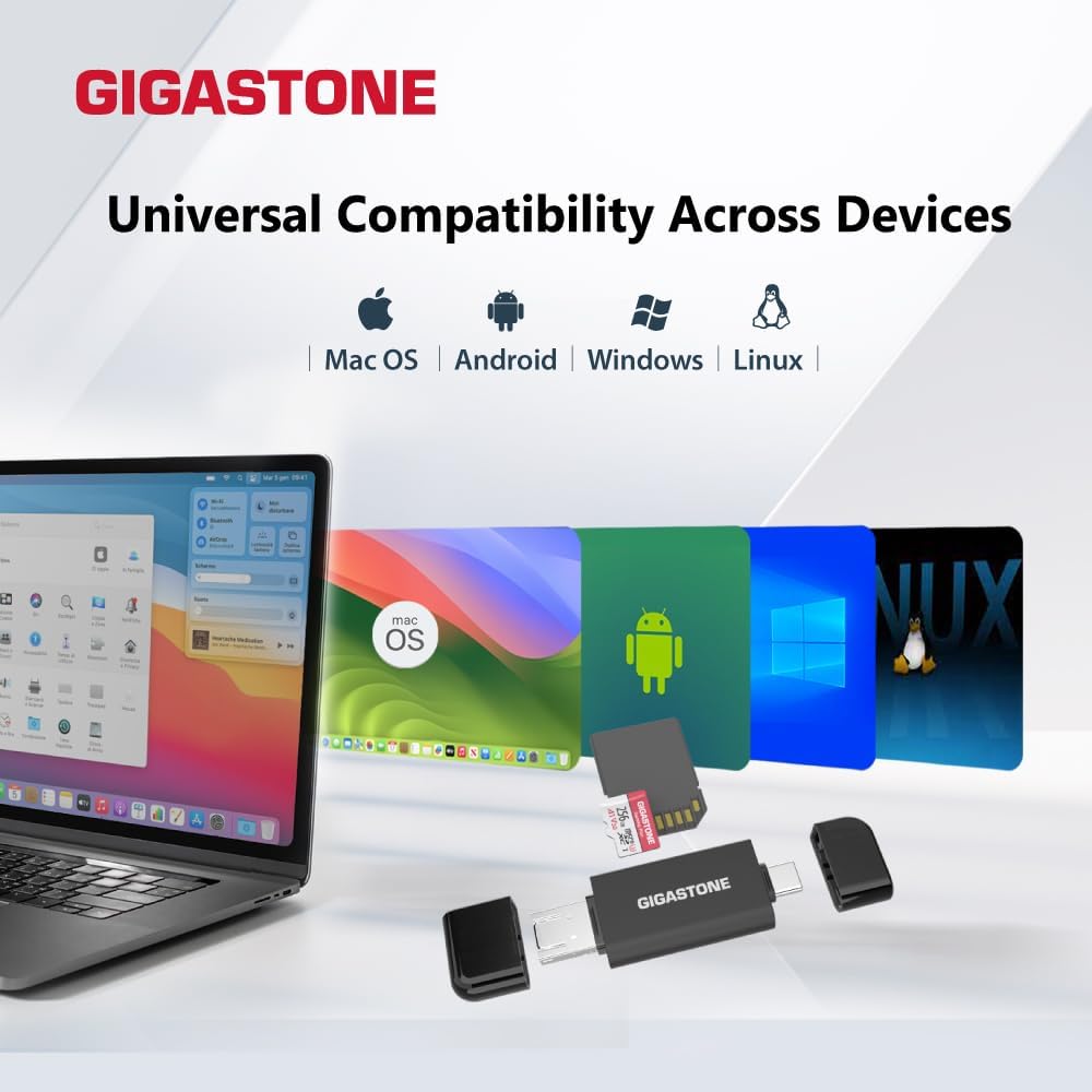 GIGASTONE SD Card Reader, 5-in-1 USB-A/USB-C Card Reader, Dual Slot for SD/Micro SD/SDHC/SDXC, Compatible with Laptop, PC, iPhone16/15, MacBook Pro/Air, iPad Pro, Android